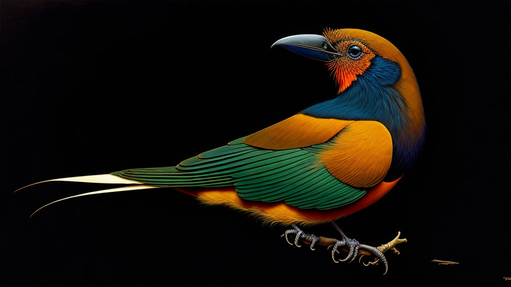 Vibrant bird illustration with blue, orange, and green plumage on black backdrop