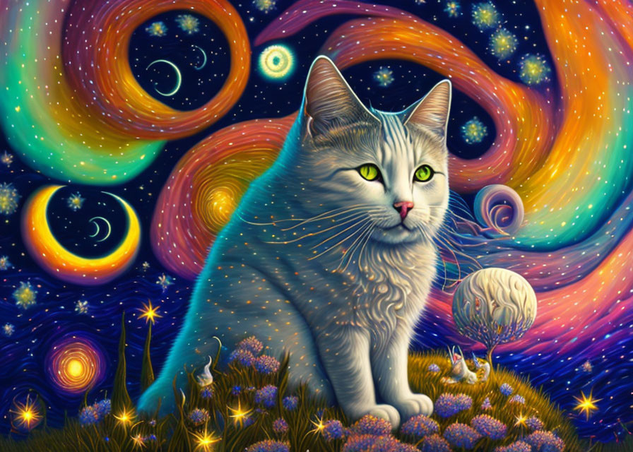 Colorful Gray Cat with Green Eyes in Cosmic Setting