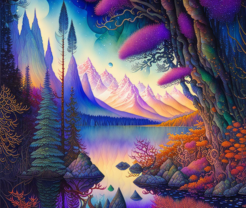 Surreal landscape with luminescent trees, purple mountains, calm lake