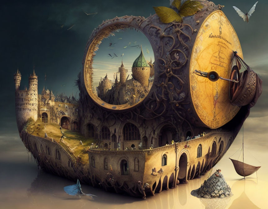 Fantastical snail with clock face and castle structures in dreamy landscape