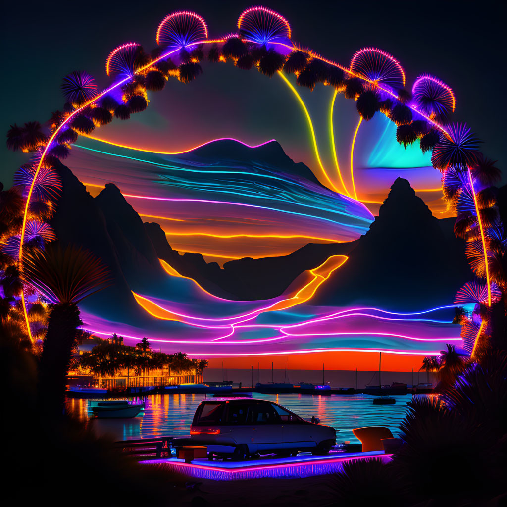 Neon-lit landscape with mountains, palm trees, and sunset sky