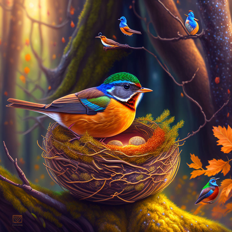 Colorful Bird Nest in Magical Forest Scene with Eggs and Small Birds