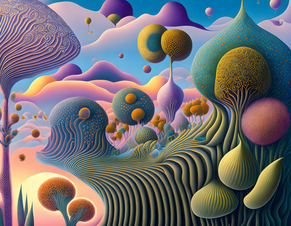 Colorful surreal landscape with stylized trees and whimsical flora