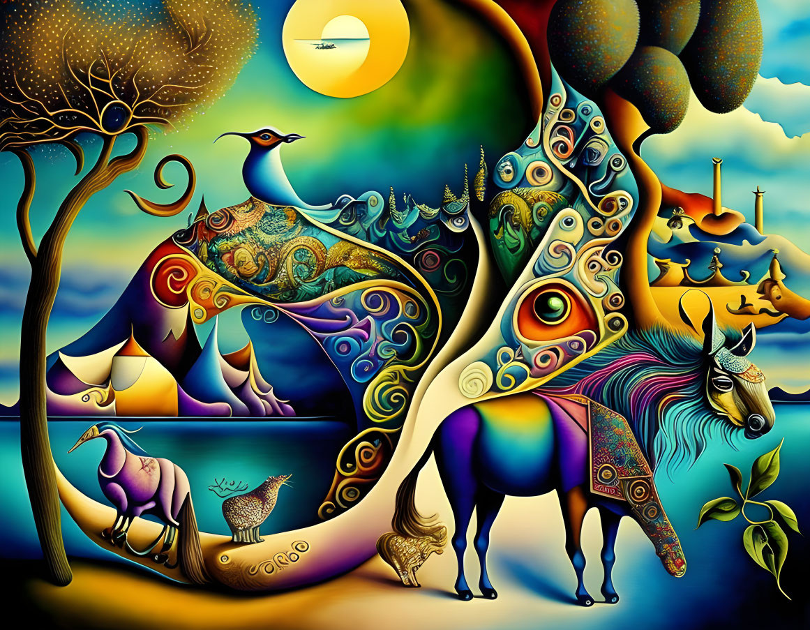 Colorful surreal landscape with peacock, decorative trees, and whimsical sky