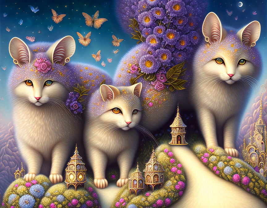 Fantasy illustration of three whimsical cats with floral and butterfly adornments in a starry night setting