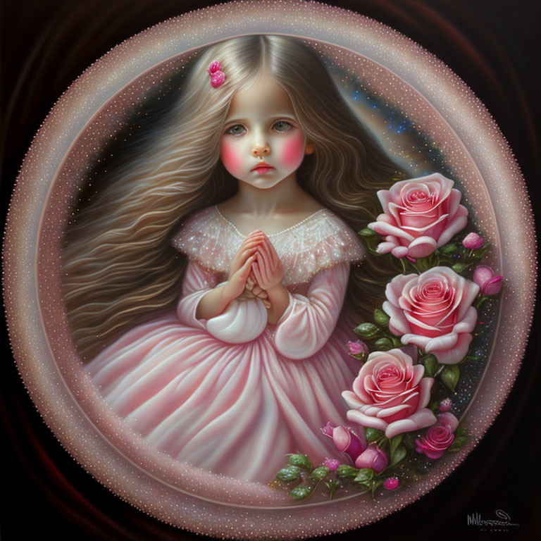 Young girl in pink dress surrounded by halo effect and roses with clasped hands.