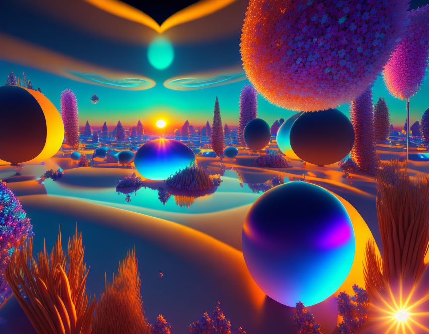 Vibrant surreal landscape: floating spheres, luminescent trees, dual-sun sky