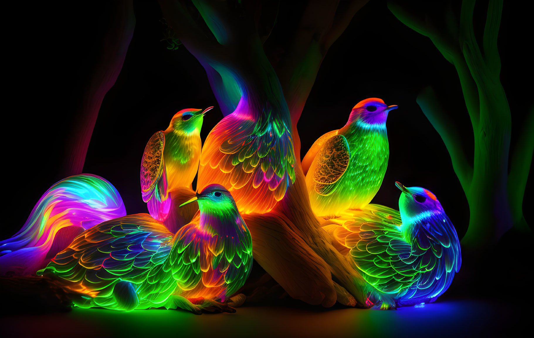 Colorful neon-lit birds perched around glowing tree on black background