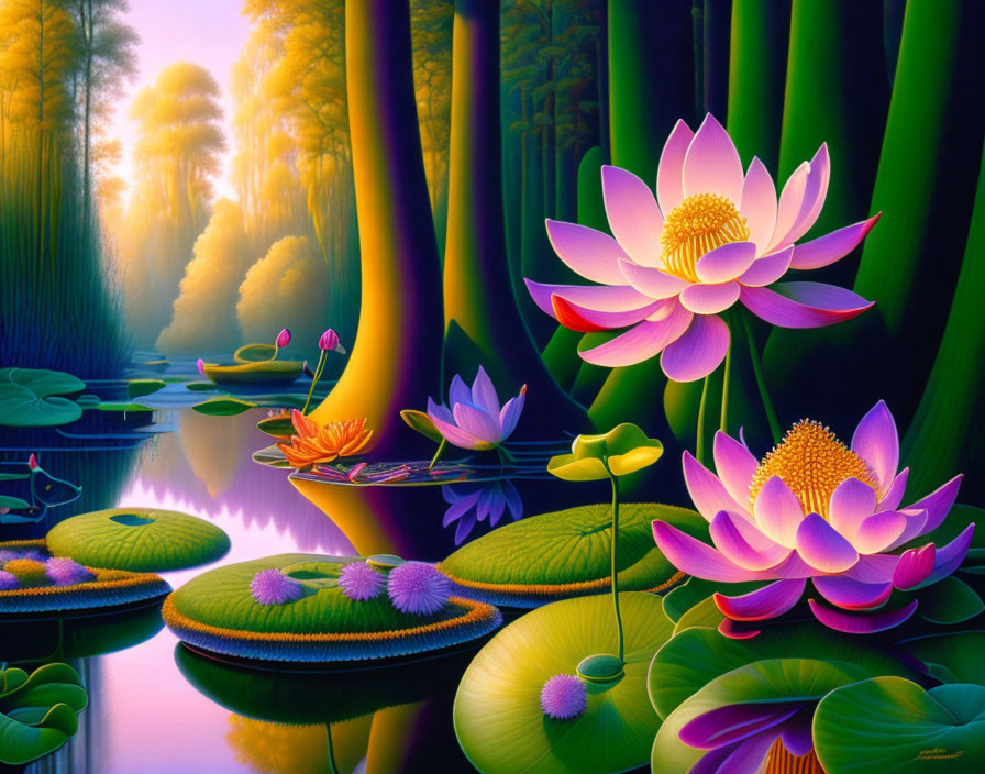 Tranquil pond scene with blooming lotus flowers and misty forest