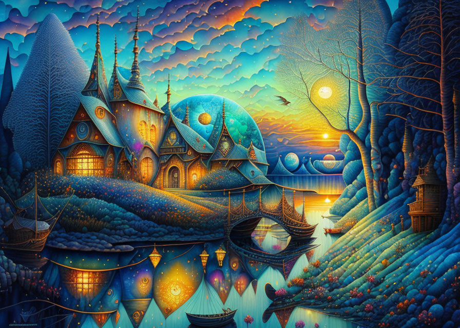 Fantasy artwork: Whimsical castle in dreamy landscape with dual moons and glowing lanterns