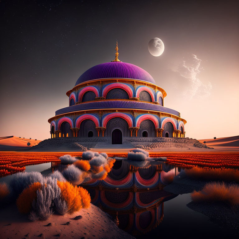 Purple Dome Mosque in Desert Oasis at Moonlit Night