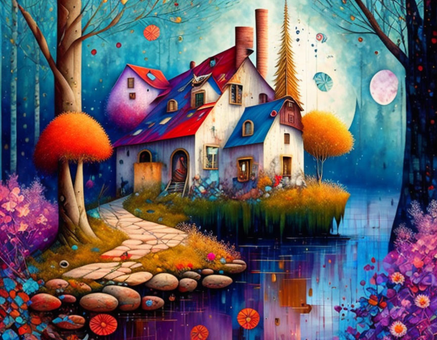 Colorful Cottage Painting with Trees, Flowers, and Moonlit Sky