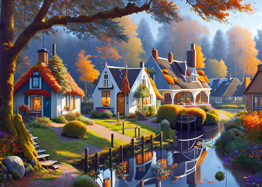 Charming village scene with autumn trees and canal at sunset