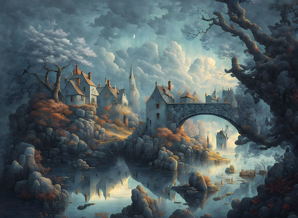 Tranquil fantasy landscape with river, bridge, houses, trees, and crescent moon