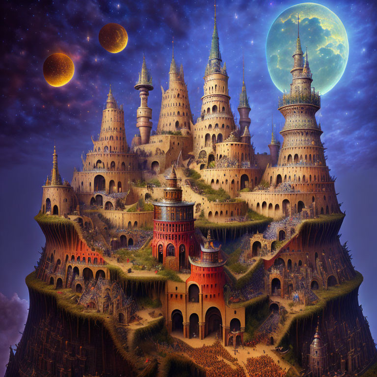 Fantasy castle with multiple spires on a hill under a starry sky with moons