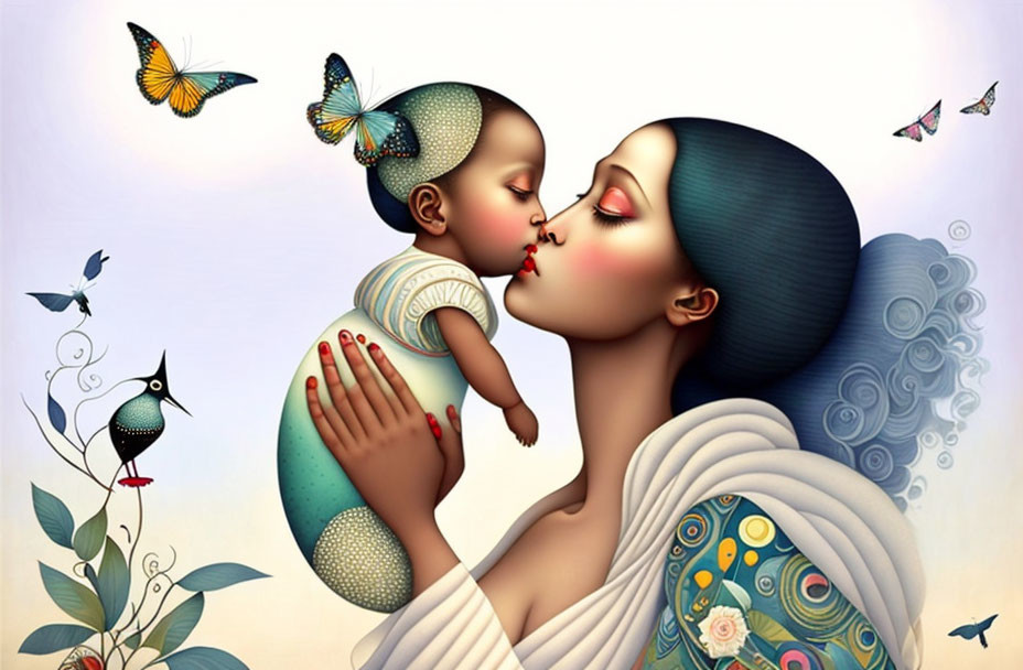 Whimsical illustration of woman kissing child in pastel tones