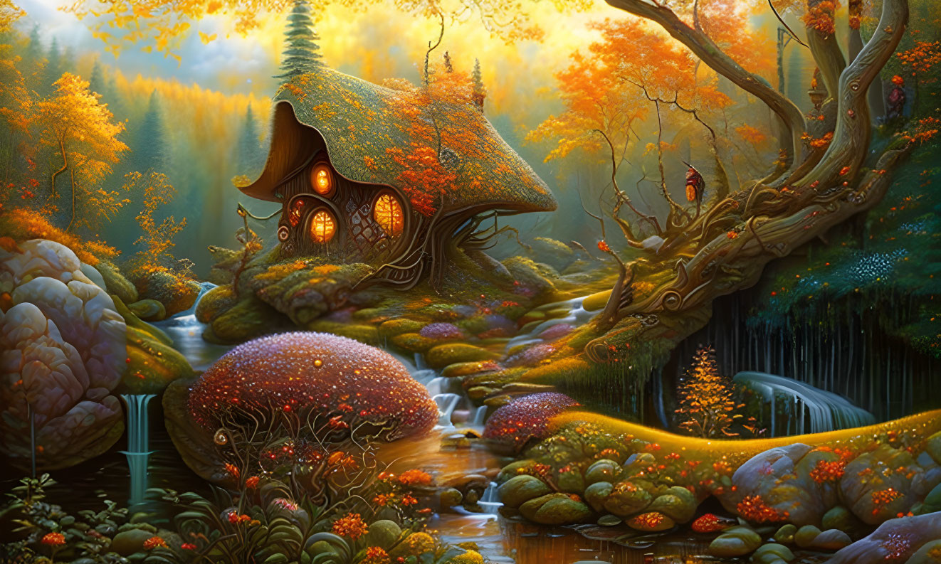 Enchanted forest scene with whimsical treehouse, glowing windows, serene stream, and autumn foliage