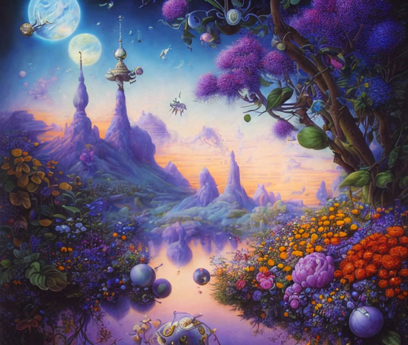 Vibrant fantasy landscape: moon, colorful flora, orbs, castle, dragonfly creature