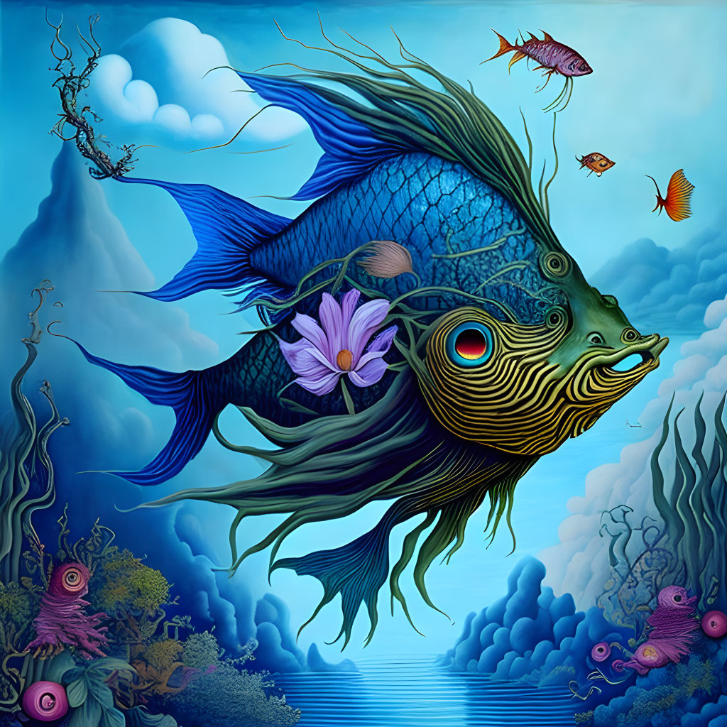 Colorful digital artwork of a fantastical fish in underwater scene