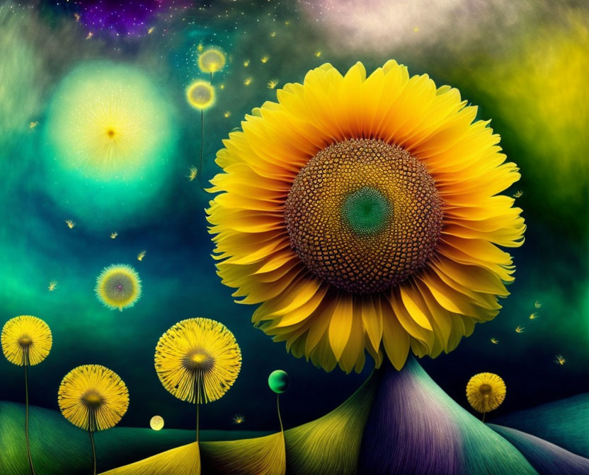 Colorful digital artwork: Sunflower and dandelions in cosmic setting