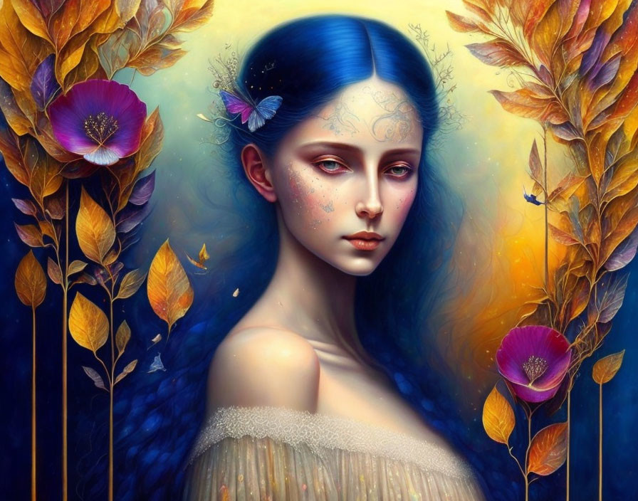 Fantasy portrait of woman with blue hair in mystical autumn setting