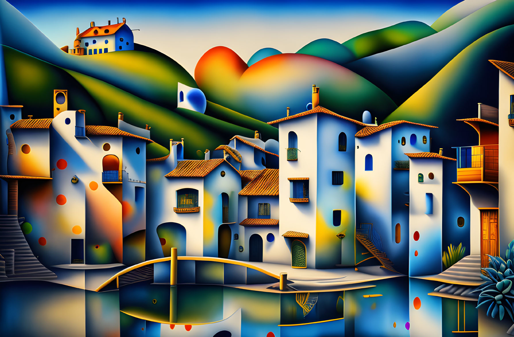 Colorful village painting with hills, buildings, and water in surreal art style