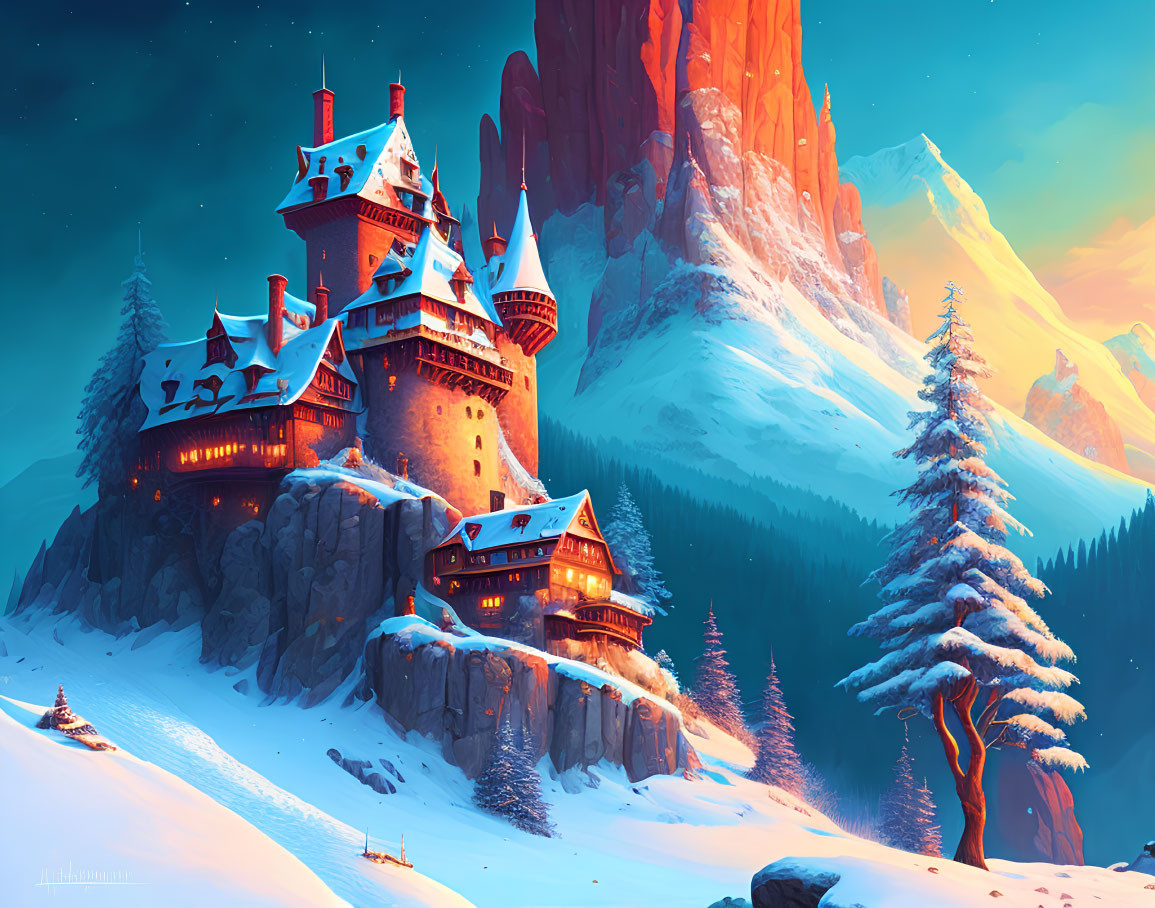 Snowy mountain castle digital art at twilight with warm glowing lights