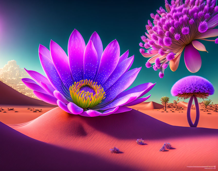 Vibrant digital artwork: Purple lotus flower in surreal desert landscape