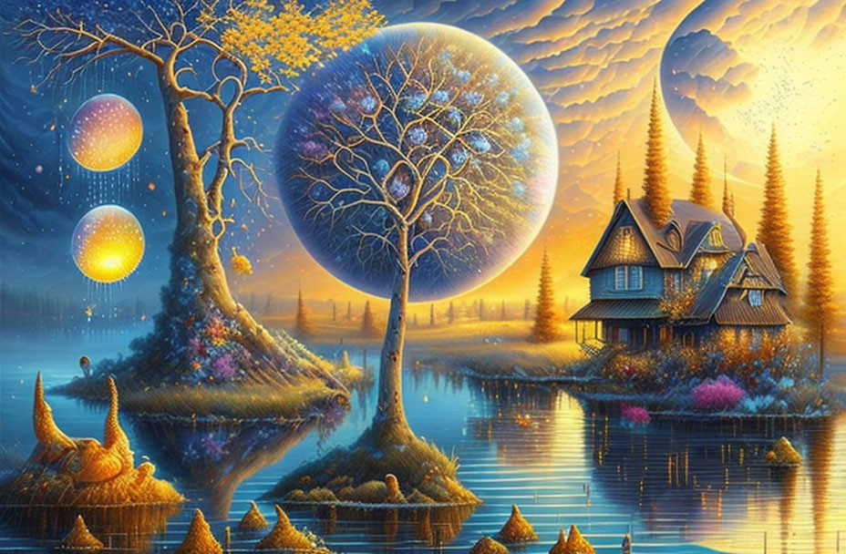 Fantasy landscape with cozy cottage by lake, colorful flora, ethereal trees, and swirling sky