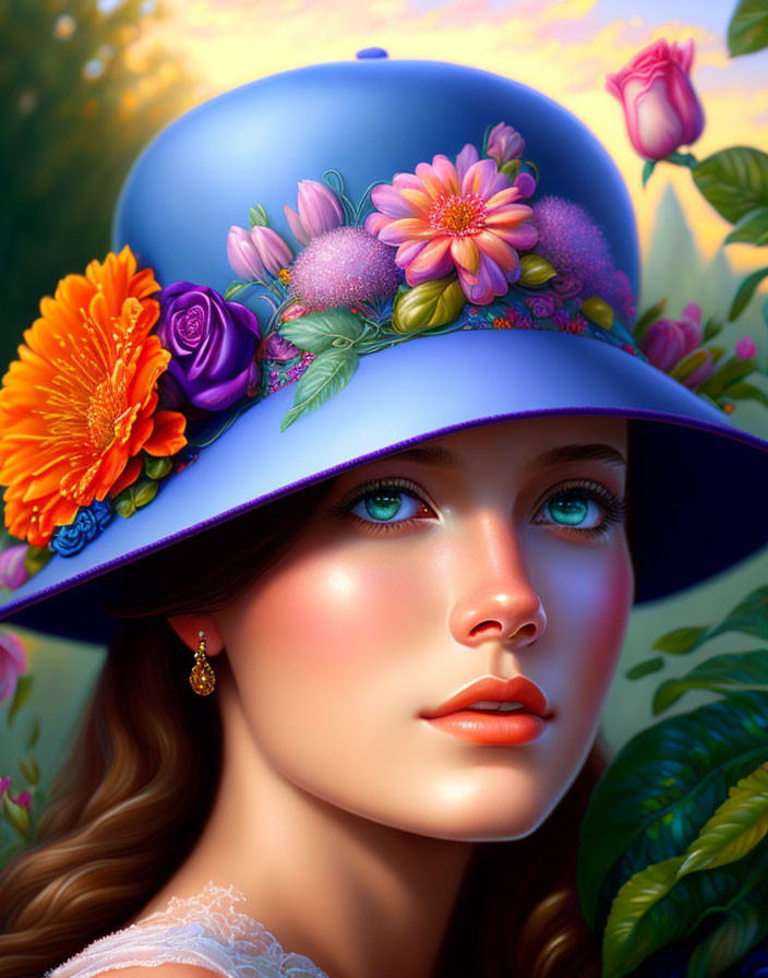 Portrait of woman with flawless skin in blue hat with vibrant flowers, surrounded by green foliage and pink roses