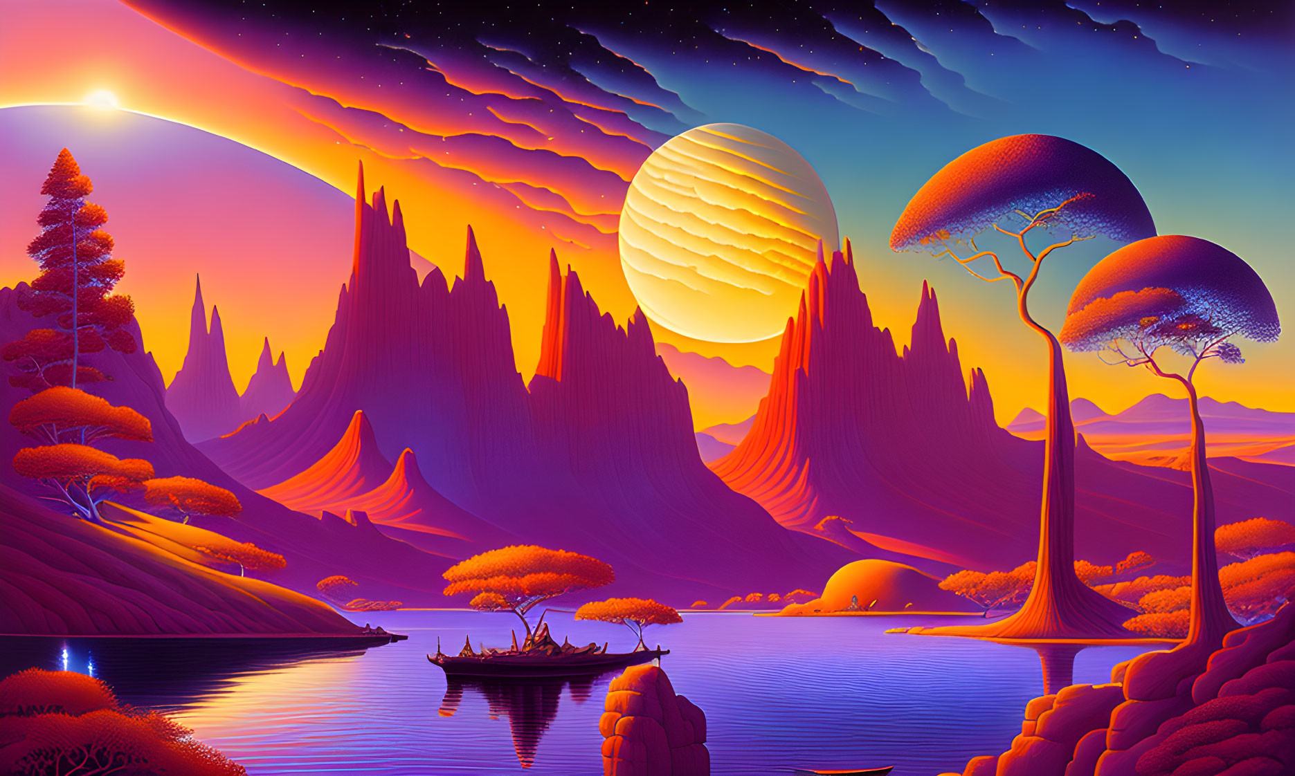 Surreal landscape with purple skies, moon, fantastical trees, boat, river, orange mountains