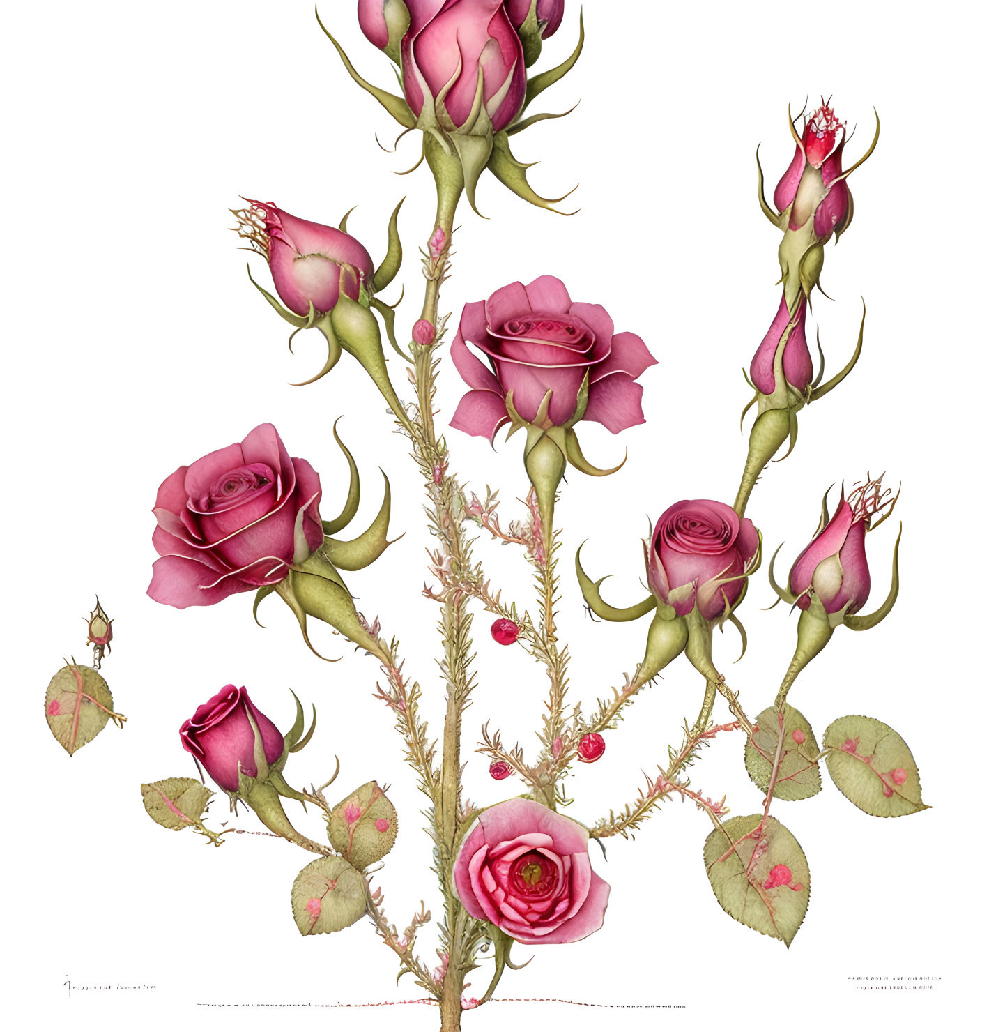 Detailed Rose Plant Botanical Illustration with Pink Blooms, Buds, Thorns, and Leaves