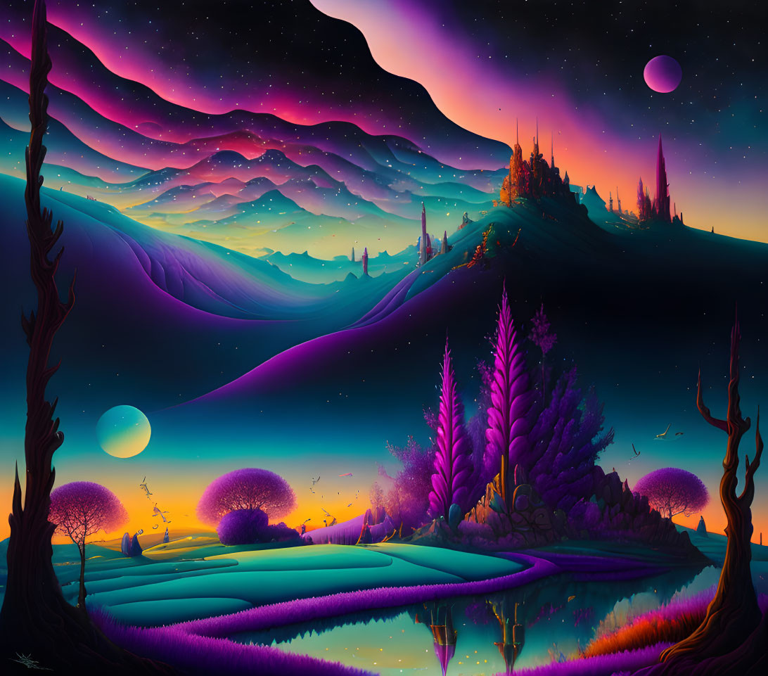 Colorful Landscape with Neon-lit Trees, River, Hills, and Starry Sky