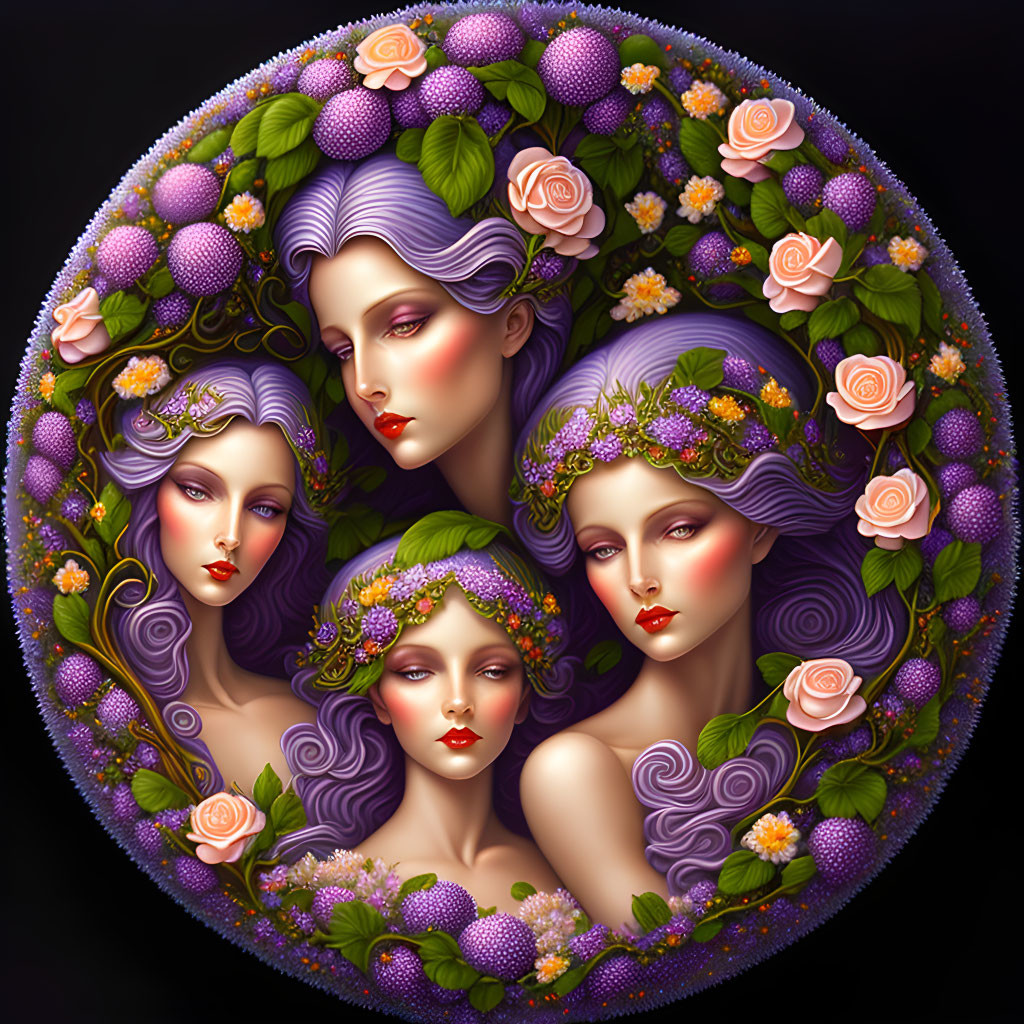 Stylized women's faces with purple and pink floral motif on dark background