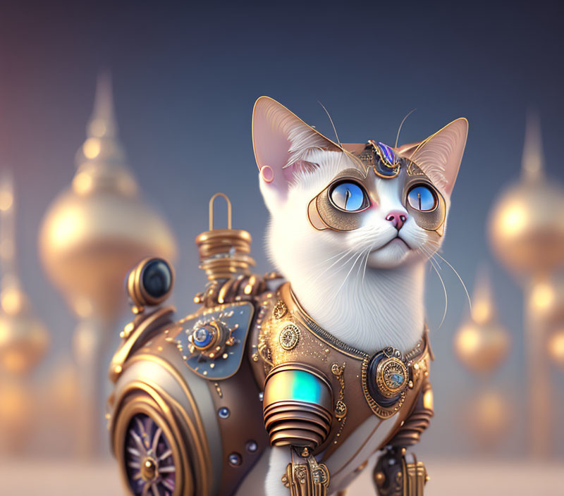 Steampunk-inspired robotic cat with golden gears and blue eyes in front of floating orbs