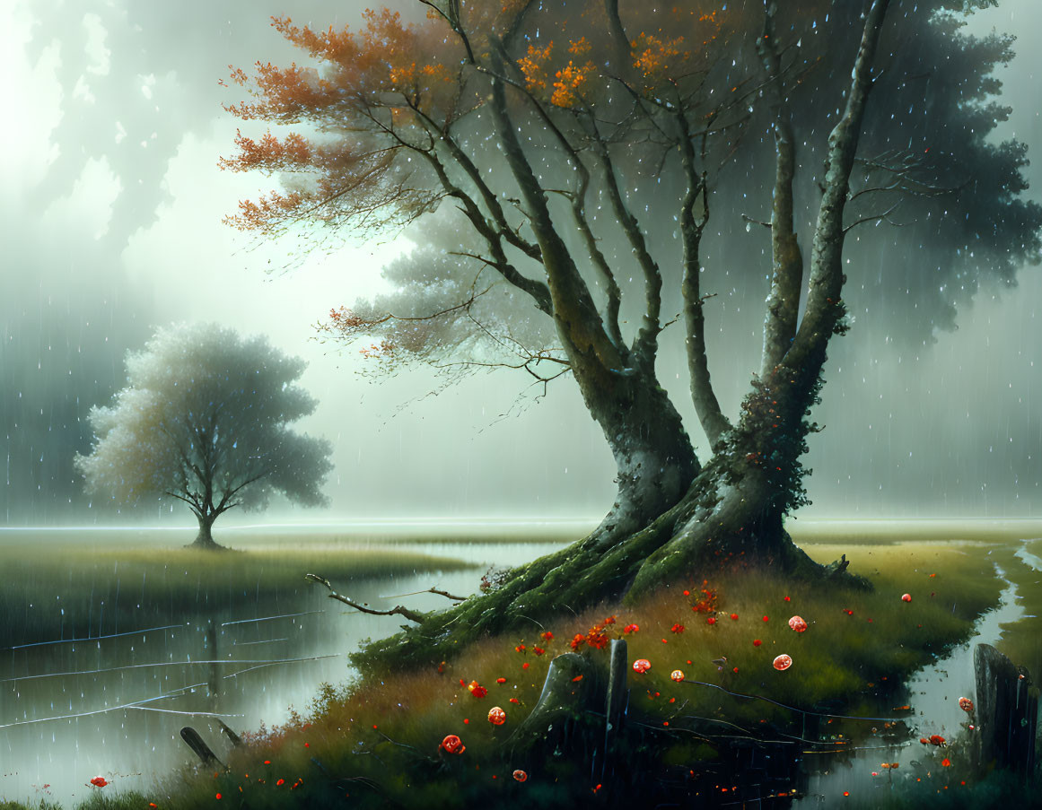 Tranquil landscape with large tree, green and autumn leaves, rain, red flowers.