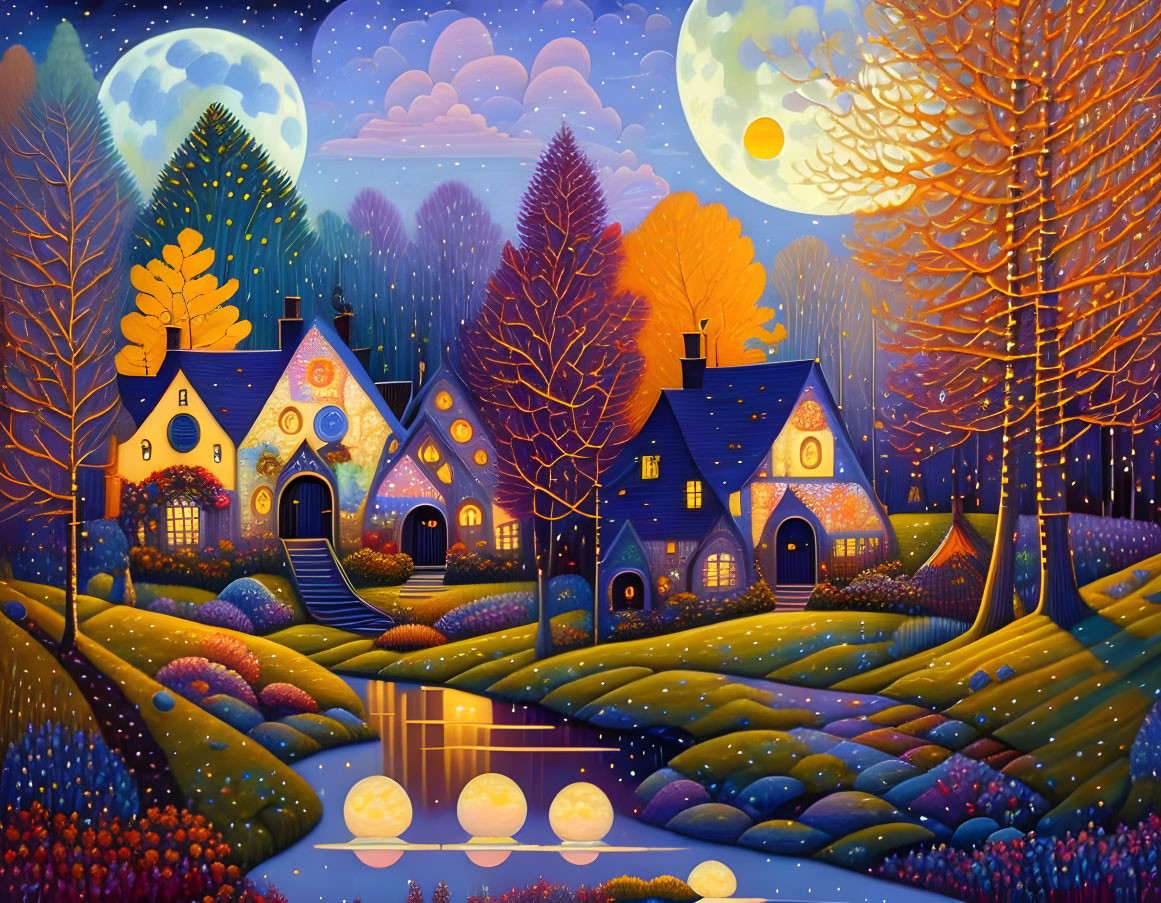 Colorful autumn village with whimsical houses under a night sky