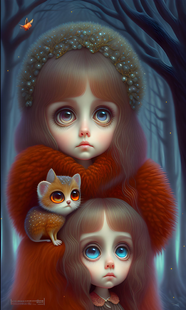 Illustrated girls with expressive eyes, fox, butterfly in mystical setting