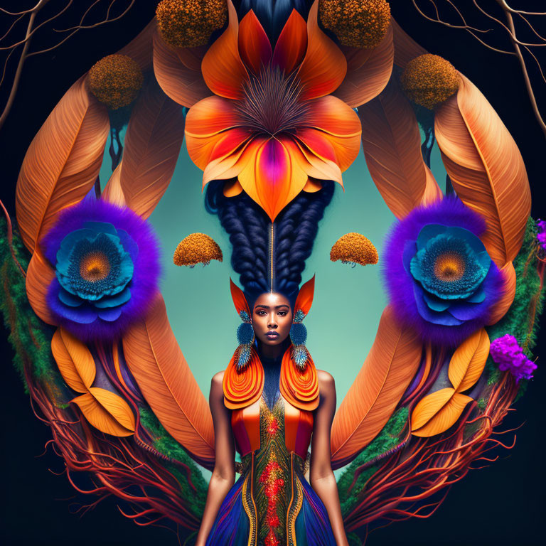 Symmetrical composition of woman amidst vibrant flowers and feathers