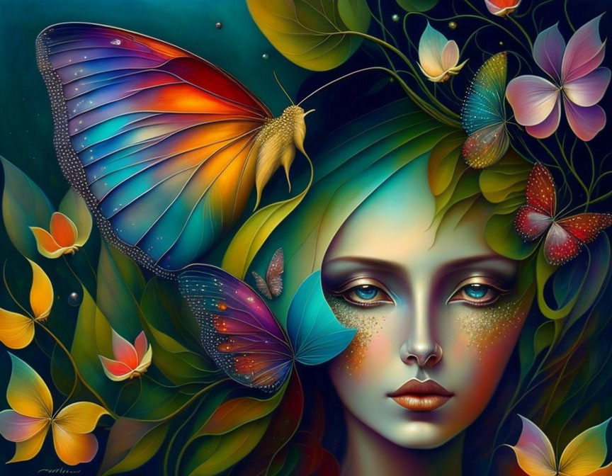 Colorful woman with butterflies and flowers illustration in a fantastical theme