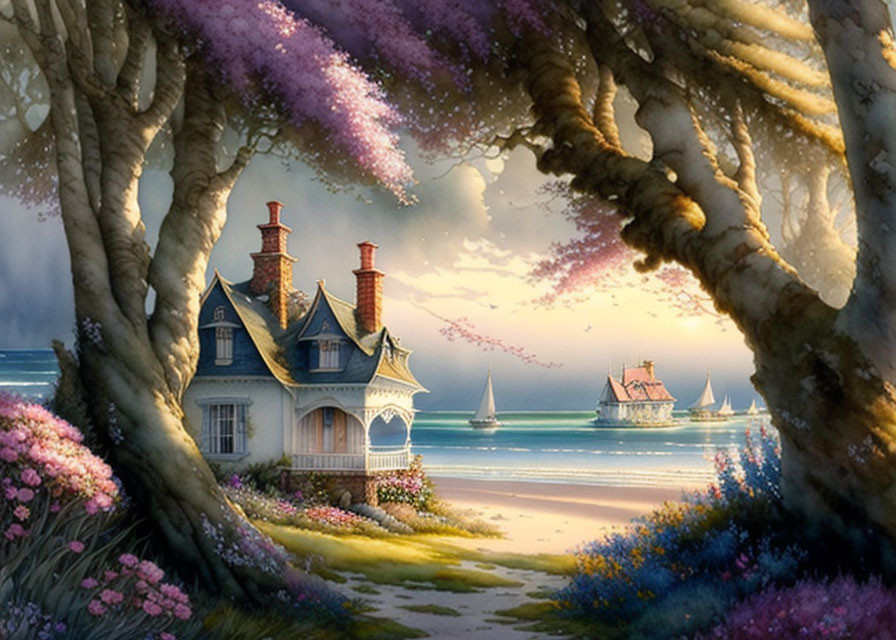 Seaside cottage surrounded by blooming trees and sailboats