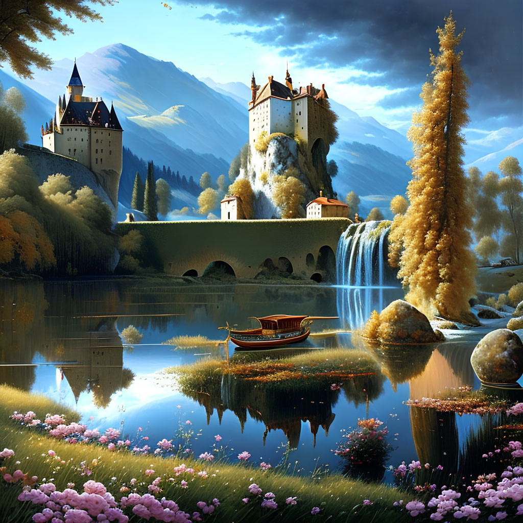 Tranquil landscape with castle, waterfall, lake, boat, trees, and flowers