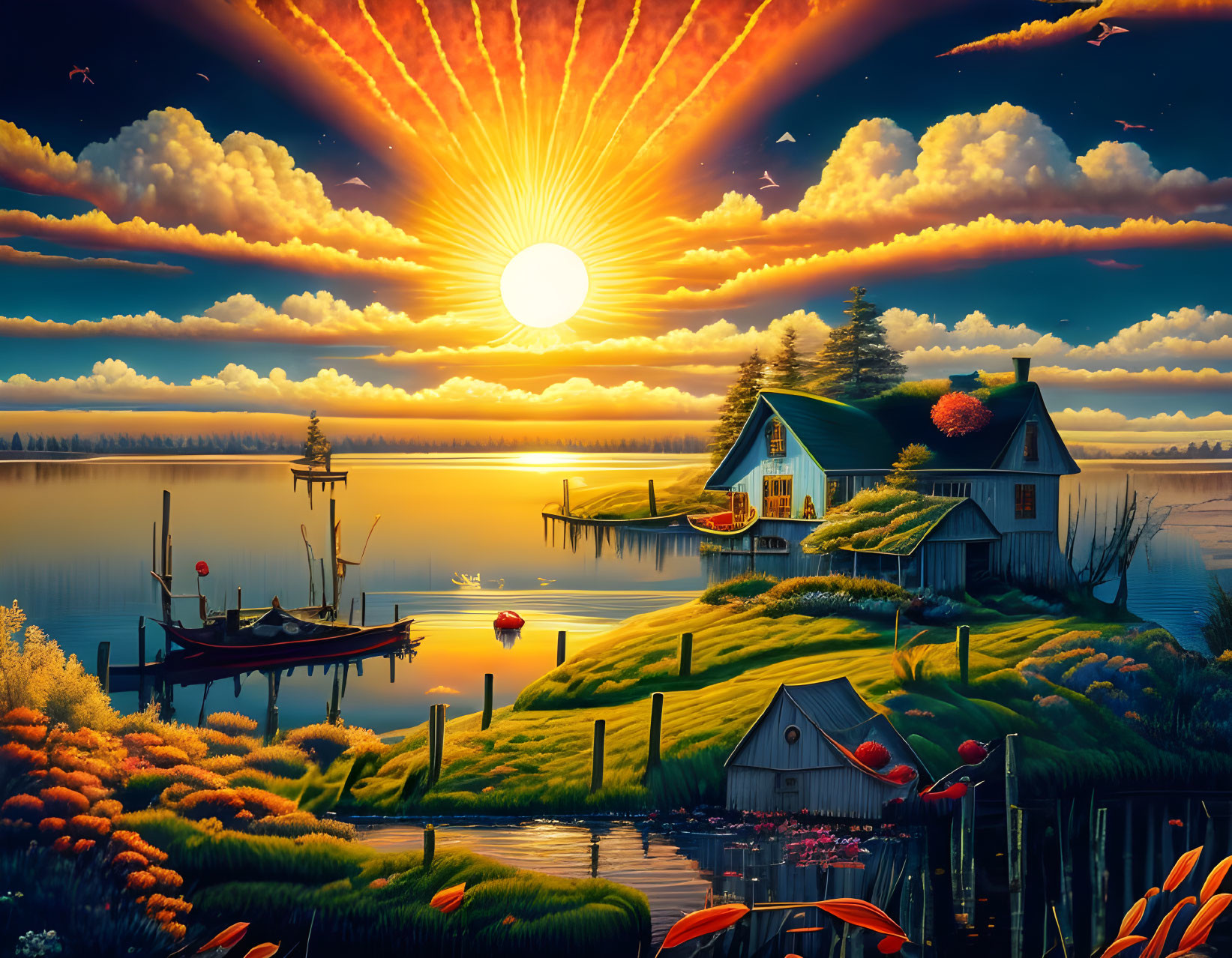 Sunset scene: Lakeside cottage, radiant sun, vibrant sky, lush flora, flamingos in