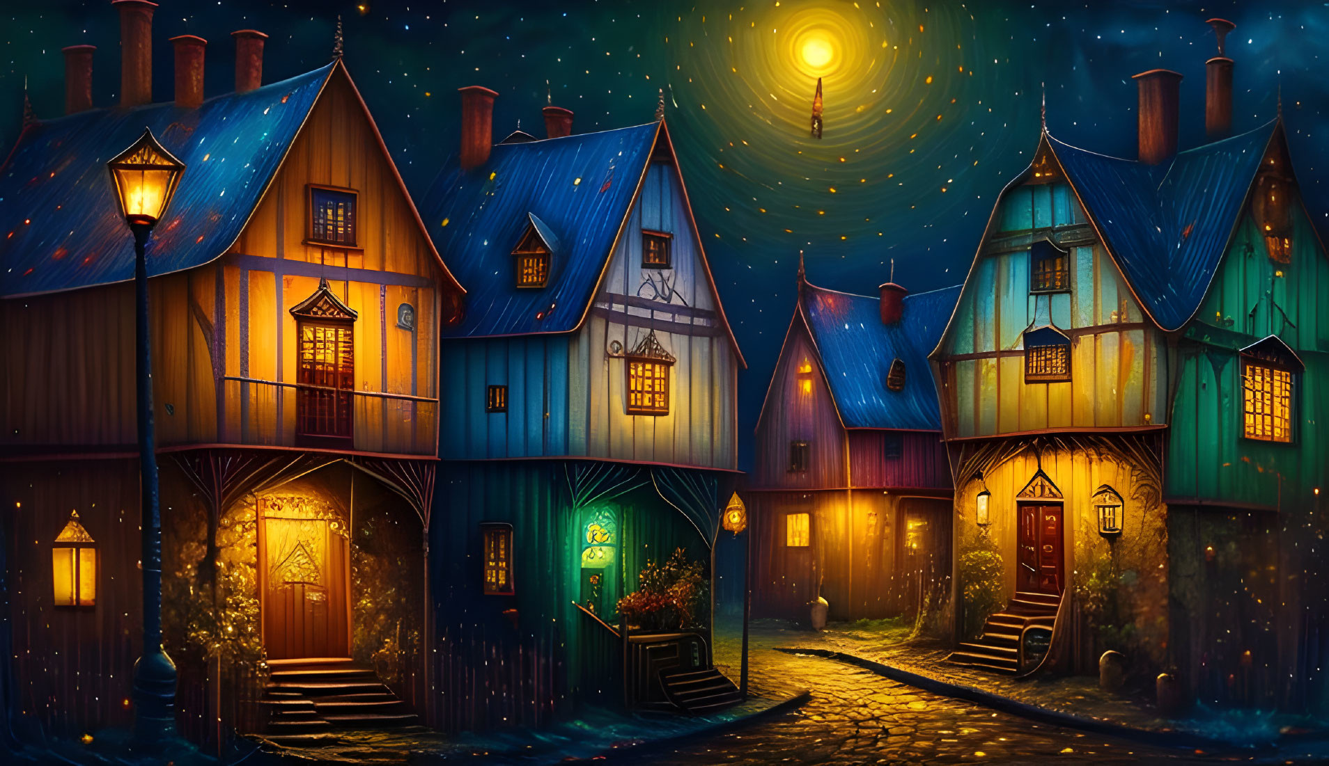 Whimsical village at night with colorful houses and glowing moon