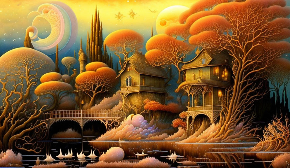 Fantastical Landscape with Orange Trees, Whimsical Architecture, and Multiple Moons