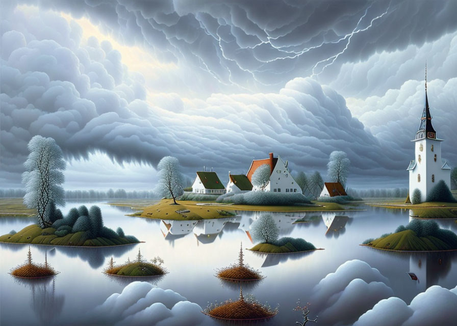 Surreal landscape featuring floating islands, unique trees, church, houses, and dramatic cloudy sky over