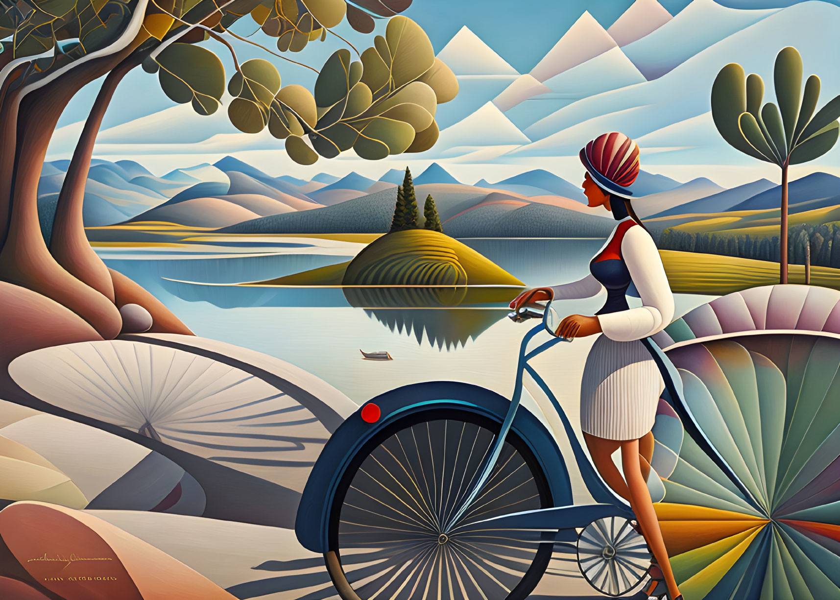 Woman with Bicycle Overlooking Lake and Hills in Vibrant Illustration