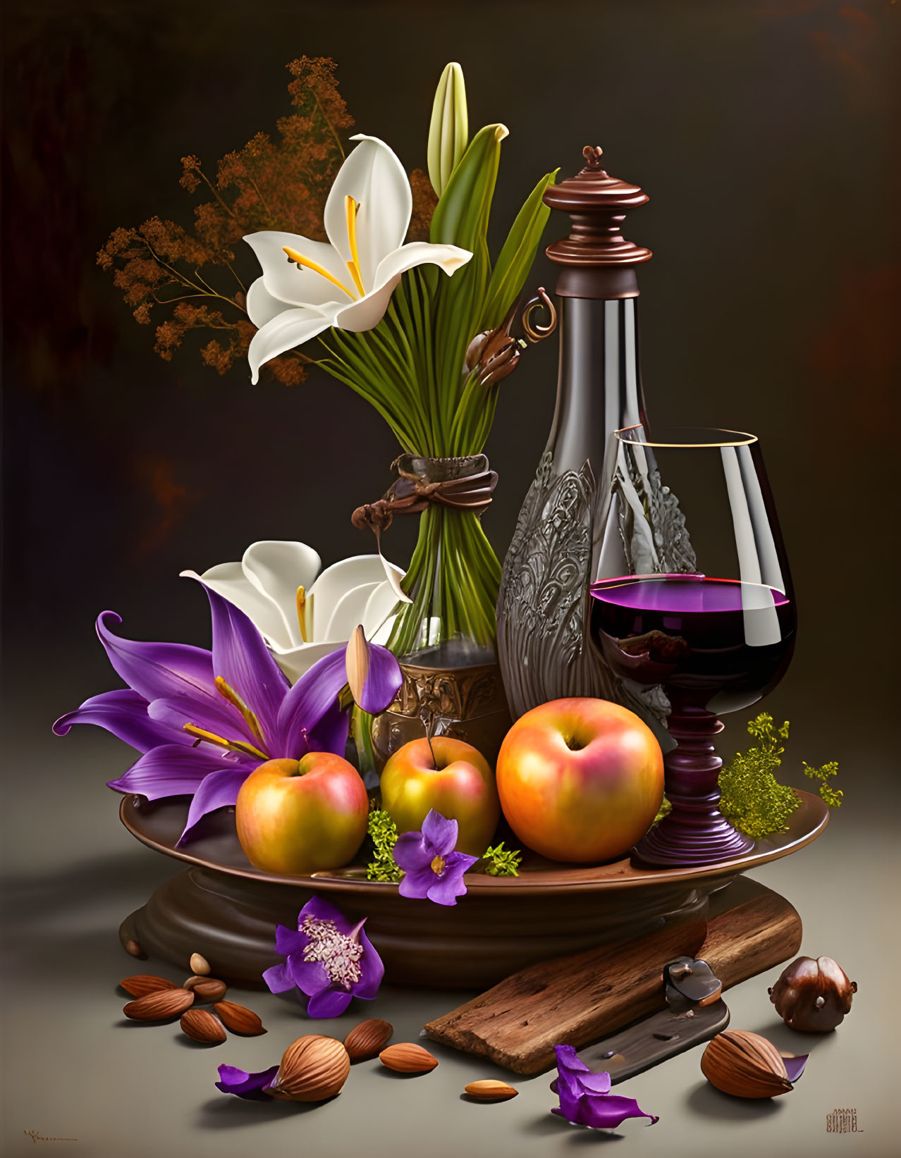 Still life with white and purple lilies, red apples, almonds, wine glass, decanter,