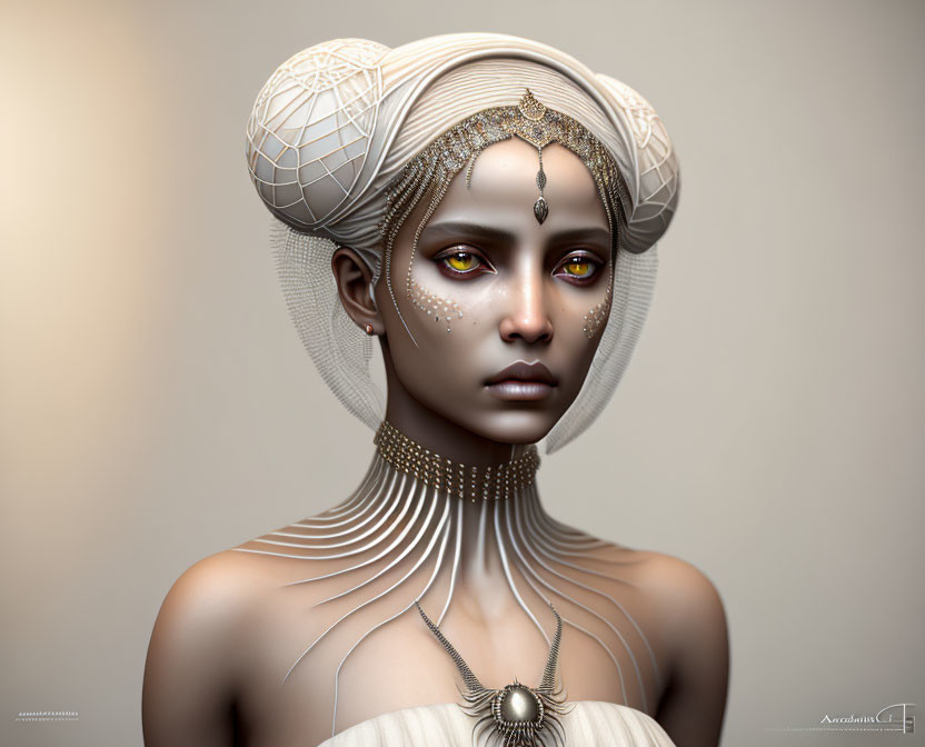 Digital artwork of woman in futuristic white headwear with gold jewelry & yellow eyes on neutral background