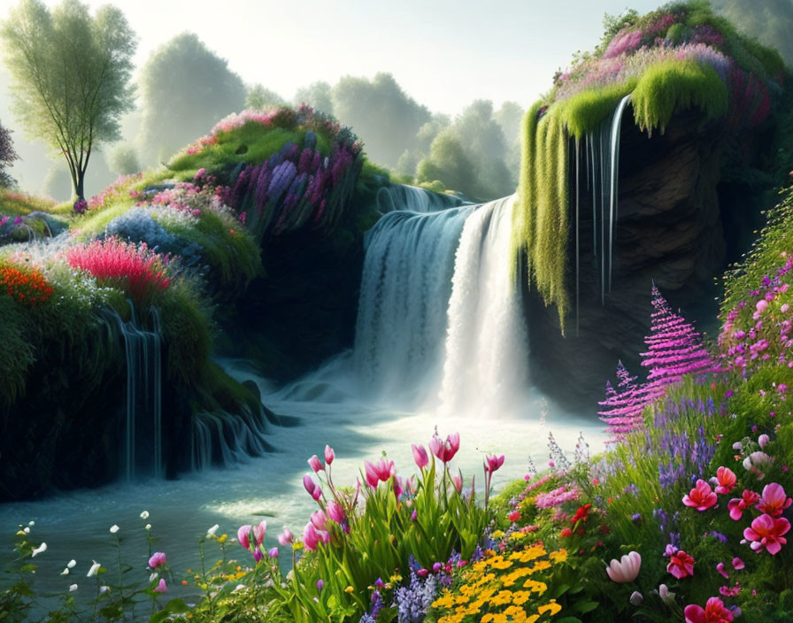 Tranquil waterfall in lush greenery with vibrant flowers